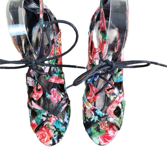 Madden Girl Floral Lace-Up Open-Toe High Heels With Back Zipper & Cutout Design - Picture 2 of 10